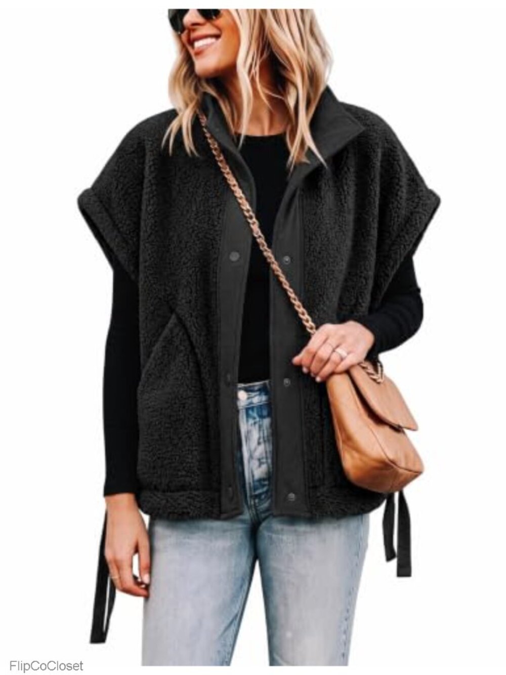 Womens Fleece Sherpa Vest Button Down Sleeveless Jacket Pockets Warm Winter